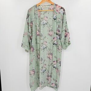 Wallflower Floral Kimono Robe Sage and Blush Long Shorter Sleeve Size Large